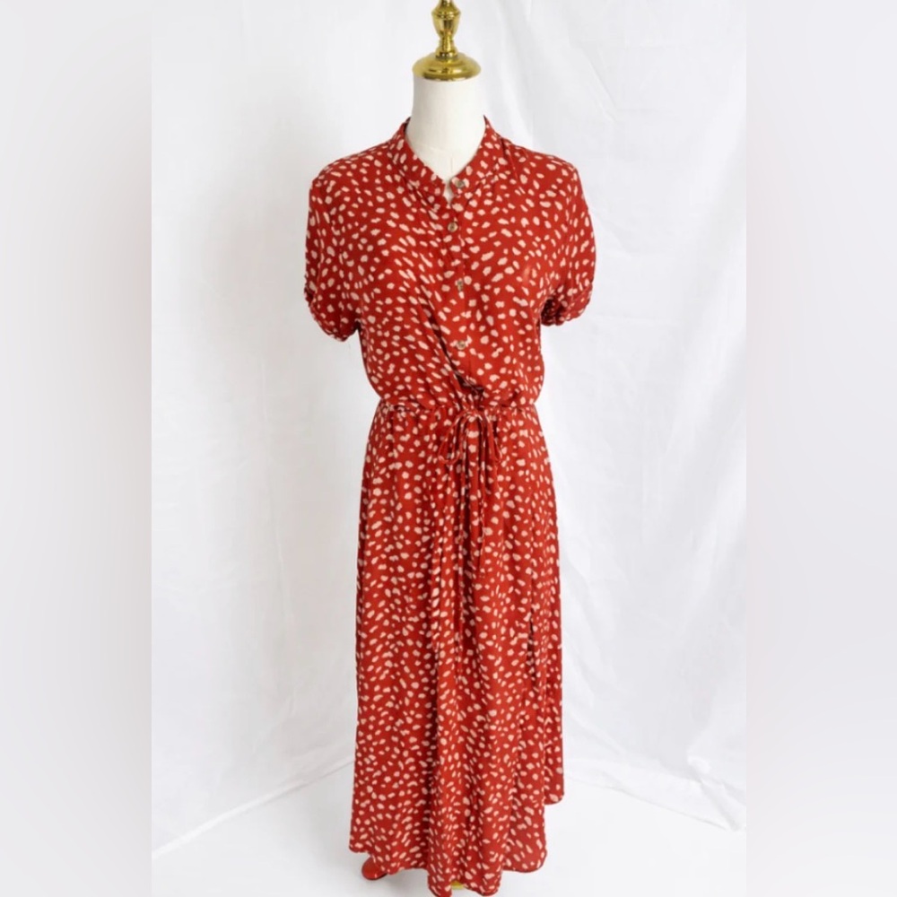 Midi Tie-Waist Red Printed Dress